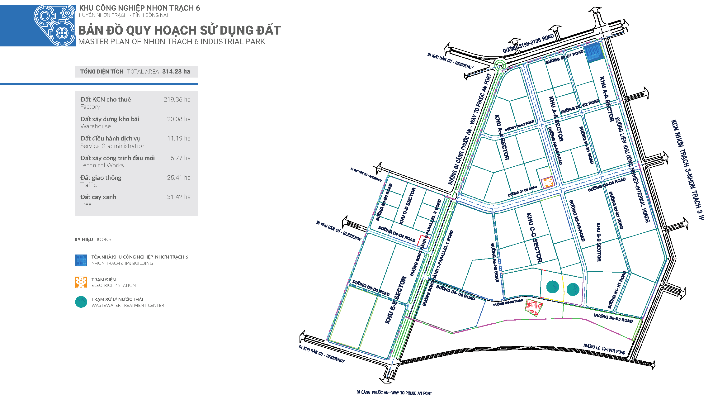 Bản đồ quy hoạch sử dụng đất Khu công nghiệp Nhơn Trạch 6: tổng diện tích 314,23 ha gồm đất khu công nghiệp cho thuê 219,36 ha, đất cây xanh 31,42 ha, đất giao thông 25,41 ha, đất xây dựng kho bãi 20,08 ha, đất điều hành dịch vụ 11,19 ha và đất xây công trình đầu mối 6,77 ha; các phân khu A-A, B-B, C-C, D-D, E-E cùng vị trí toà nhà điều hành, trạm điện và trạm xử lý nước thải
