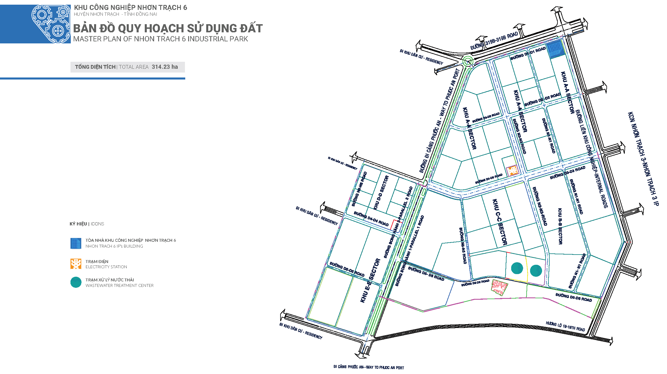 Bản đồ quy hoạch sử dụng đất Khu công nghiệp Nhơn Trạch 6, tổng diện tích 314,23 ha: mặt bằng các lô đất nhà máy và kho tàng, dải cây xanh, hệ thống đường trong khu công nghiệp; các phân khu A-A, B-B, C-C, D-D, E-E cùng vị trí toà nhà điều hành, trạm điện và trạm xử lý nước thải